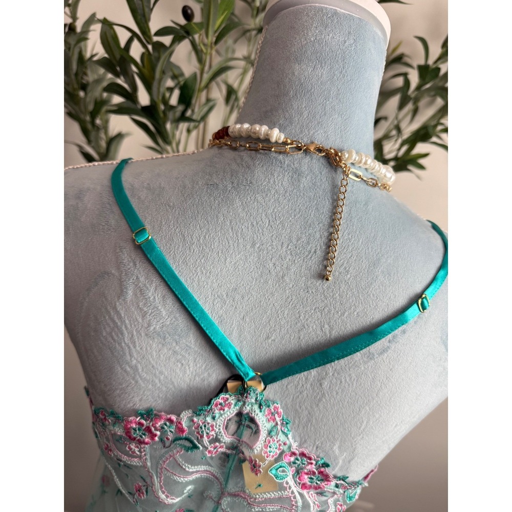 Cosabella Teal 100% Silk Delicate Floral Embroidered Mesh Chemise Nightgown M - Picture 13 of 13